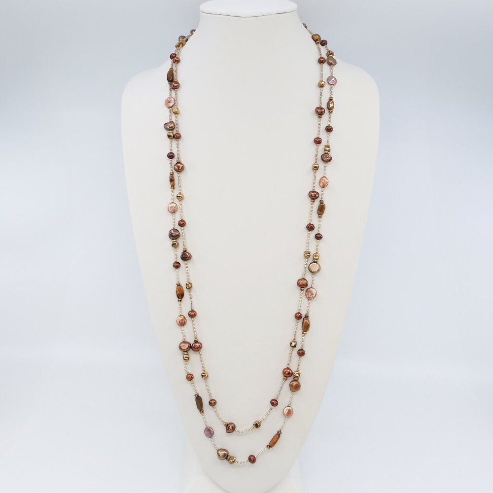 Pair of Coco and Bronze Dyed Freshwater Pearls and Tigers Eye Layering Necklaces